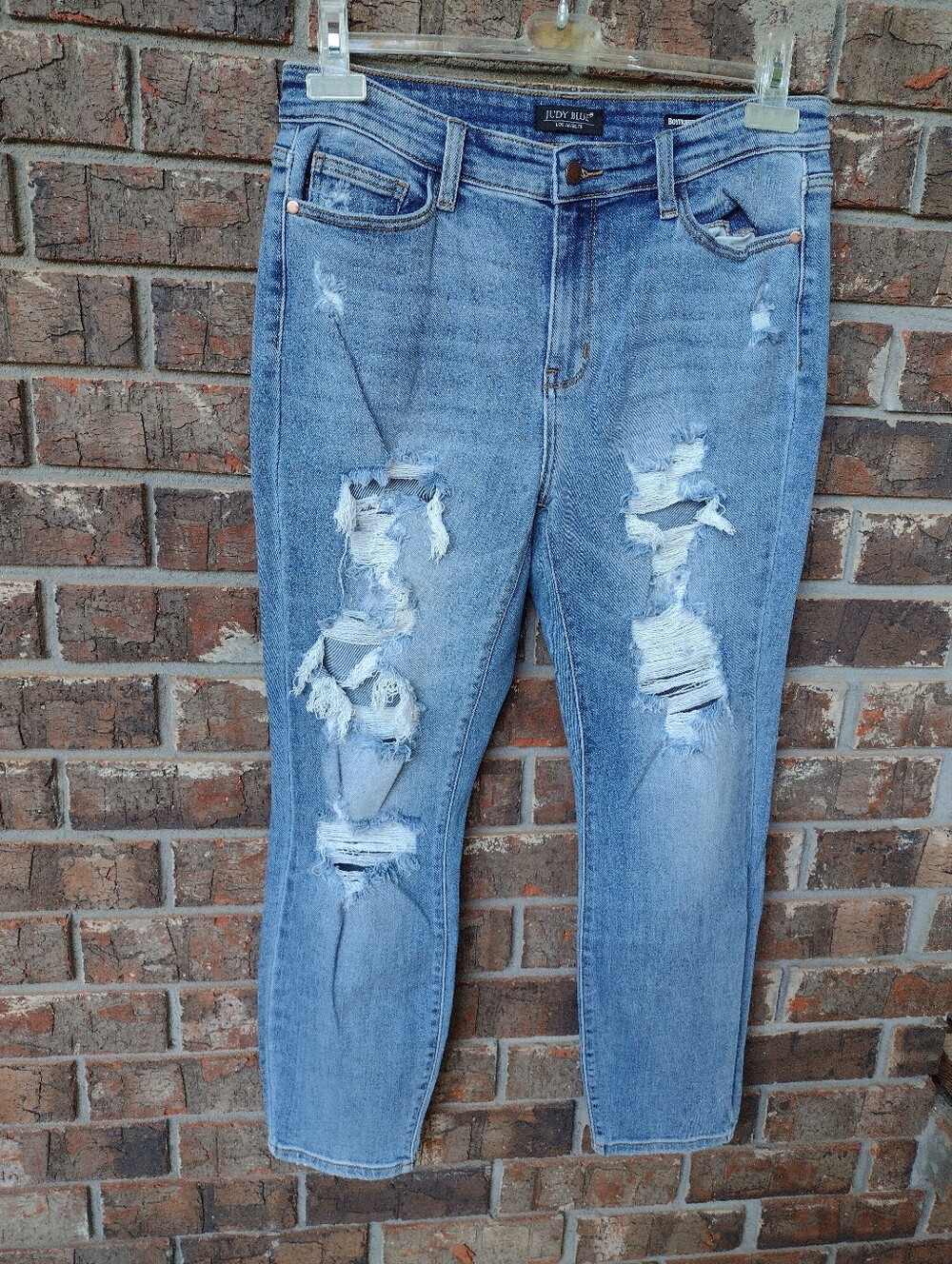 Judy Blue Jeans Women's 9/29 (32x28)Blue Boyfriend Distressed High Rise Stretch